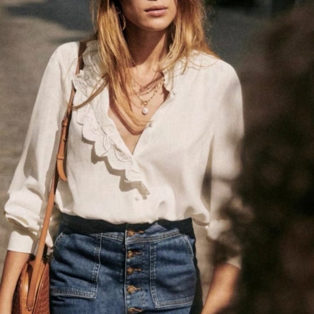 BEST Sezane Chlo Silk Blouse Ecru Ivory White French Classic Causal FR38/US6 - Picture 2 of 14